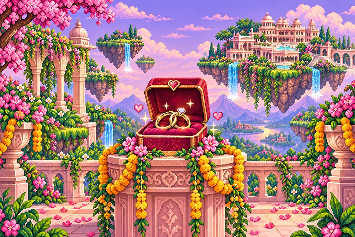 A jewel-bright ring and flowers in a palace garden
