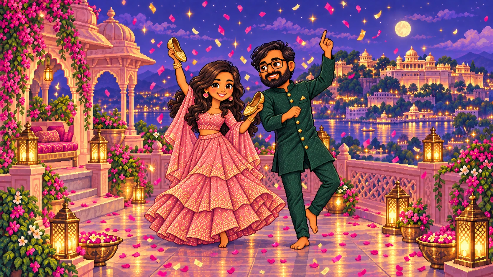 An illustrated scene with Ashama and Anshul — The rooftop celebration